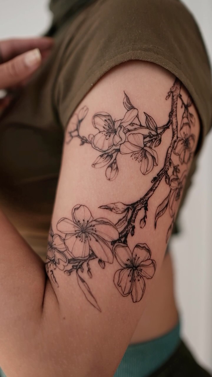 Delicate cherry blossoms along a winding branch in fine-line blackwork