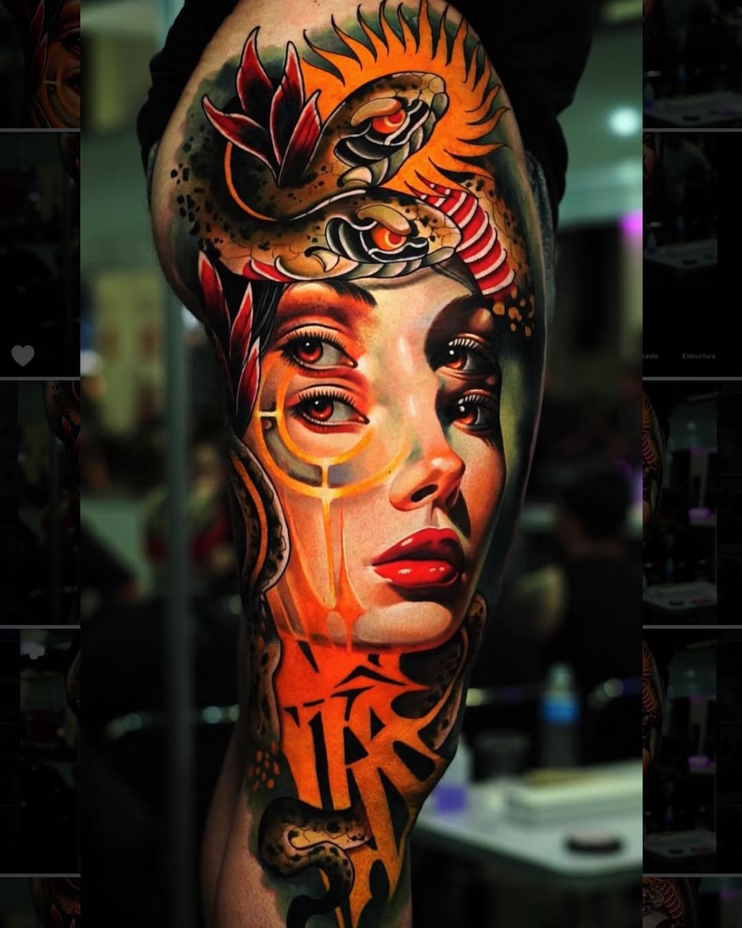 Vibrant female portrait with koi and fiery accents