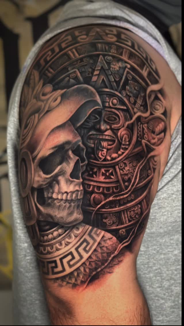 Detailed Aztec skull tattoo