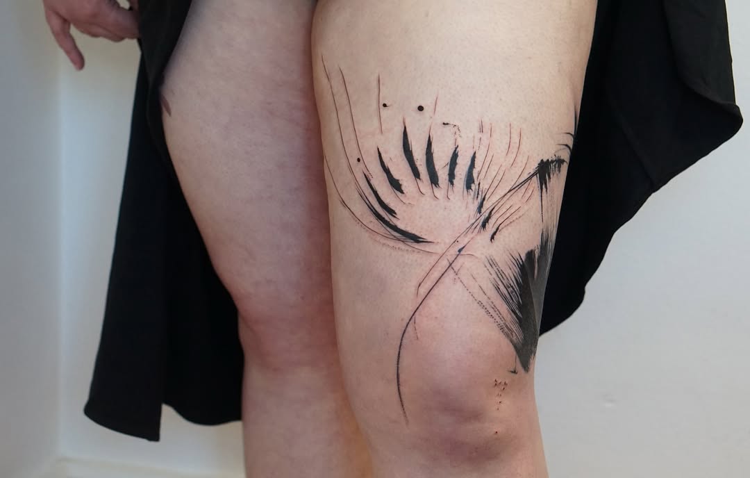 Raven-inspired blackwork brush strokes with feather-like arcs