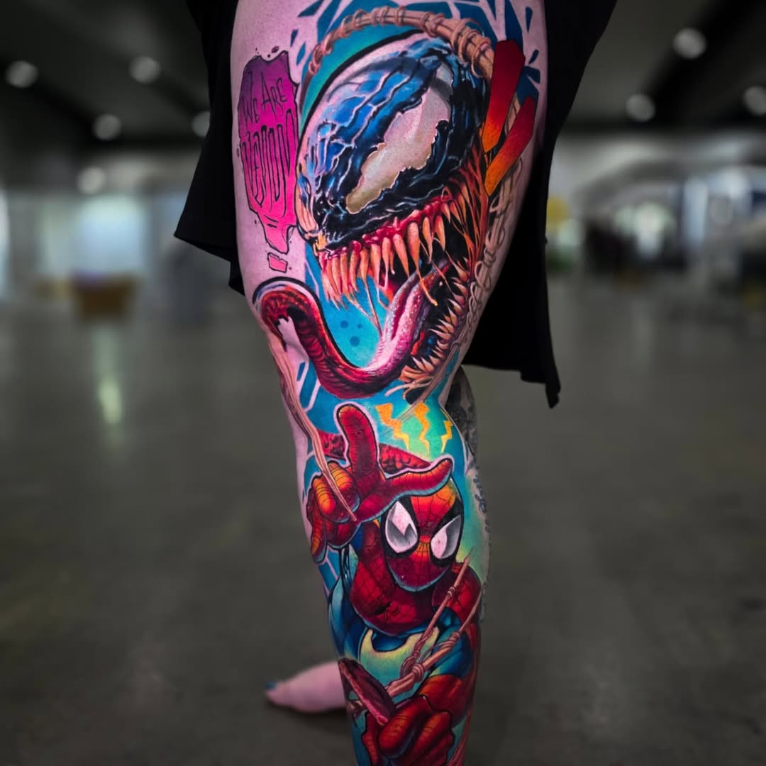 Vibrant comic-leg sleeve featuring Venom and Spider-Man
