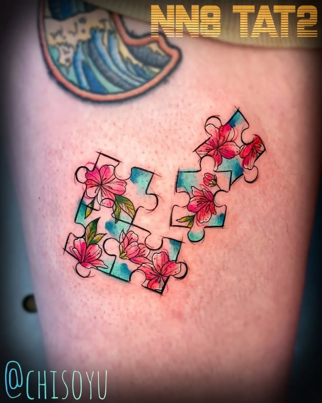 Watercolor puzzle-piece blossoms with pink plum flowers.