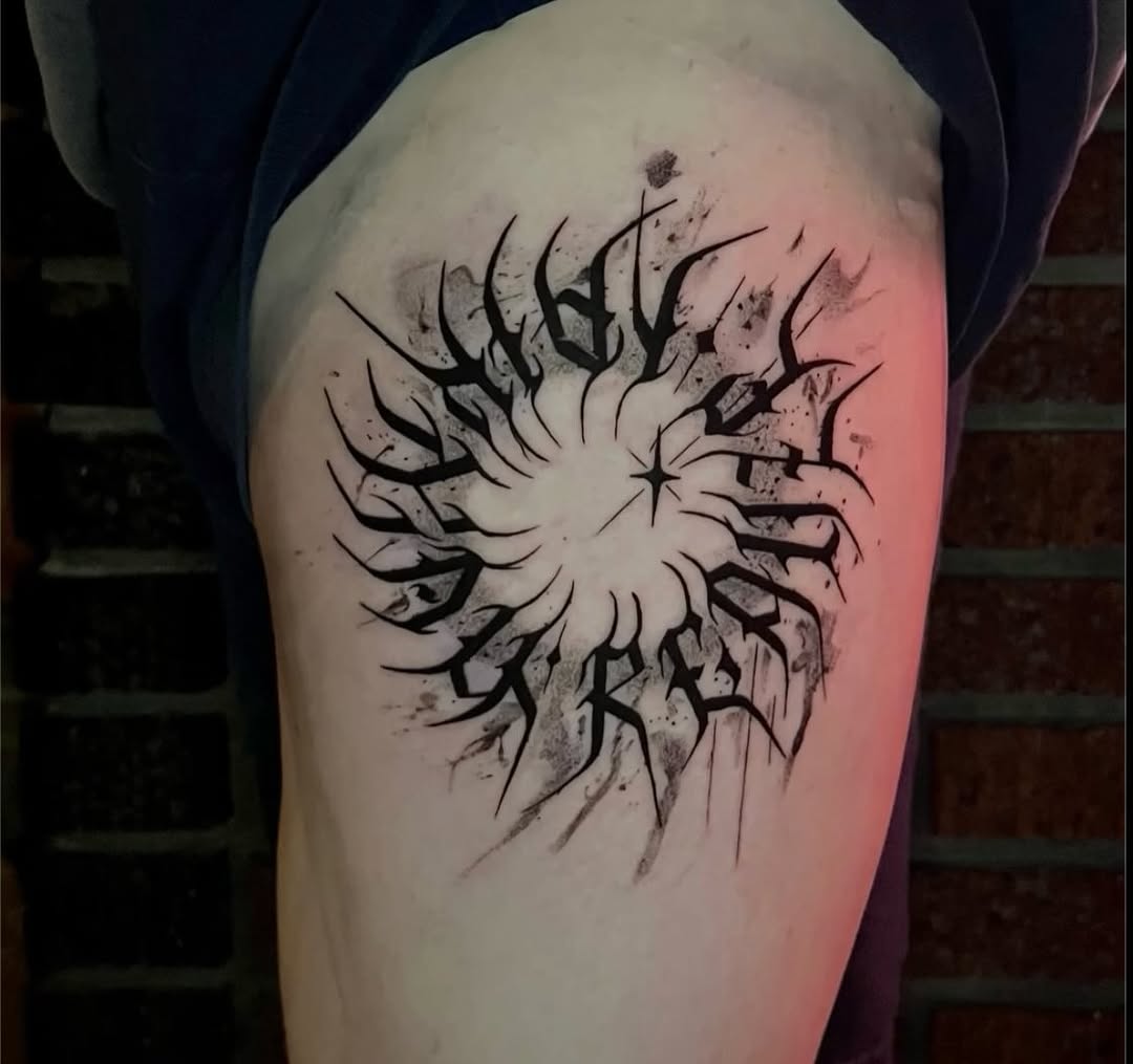 Radial blackwork burst with jagged, spiky tendrils