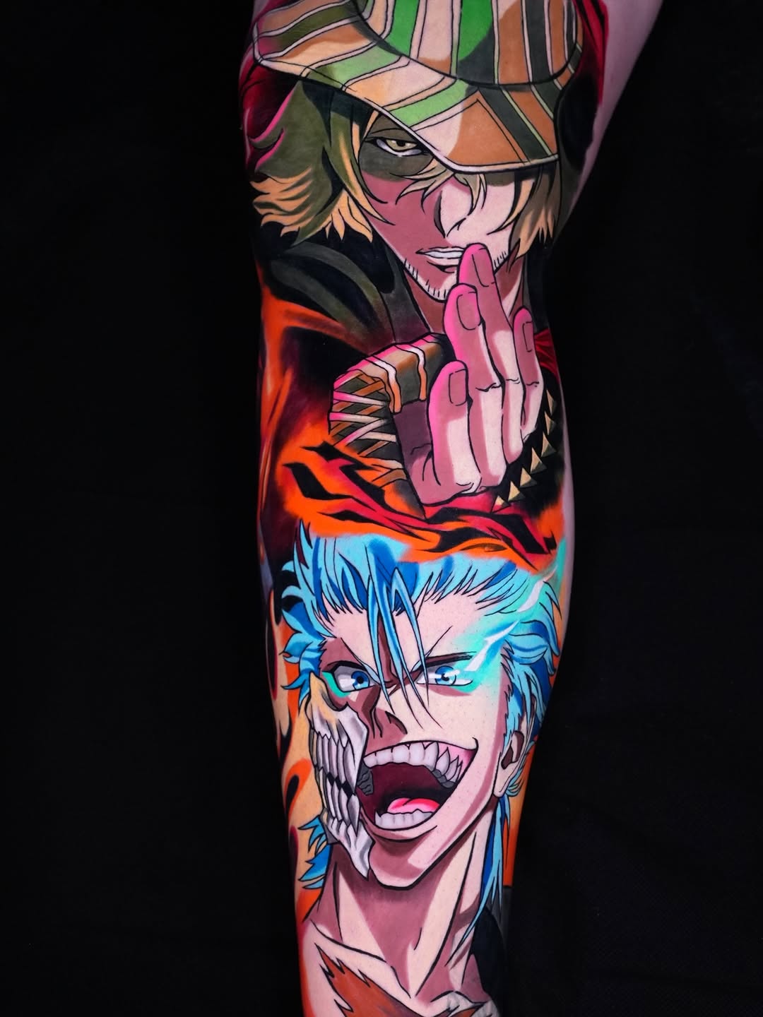 Two anime characters in a vibrant manga-inspired leg sleeve.