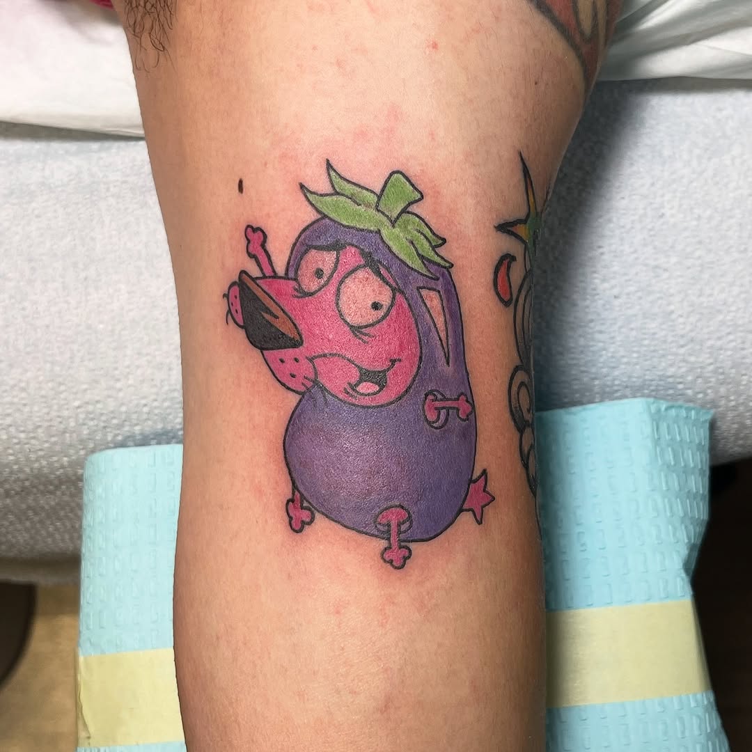 Playful Courage-inspired eggplant cartoon with bold outlines.