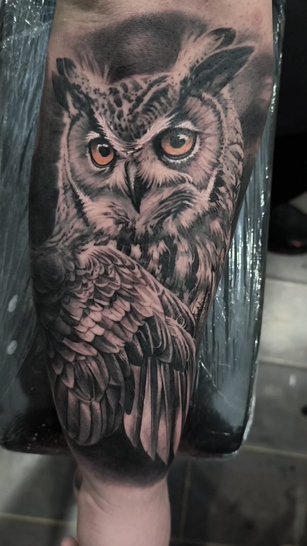 Hyper-detailed grayscale owl portrait with piercing amber eyes.