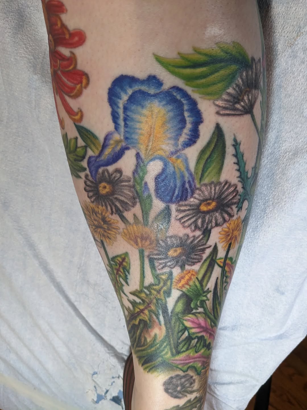 Vibrant botanical leg sleeve with iris, daisies, and leaves