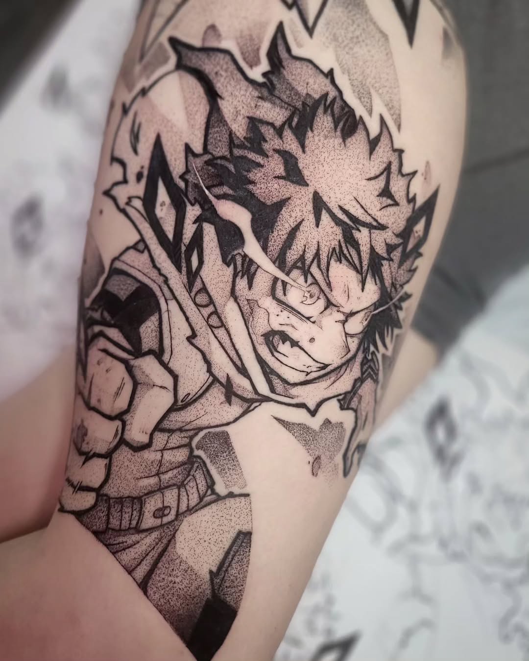 Dynamic manga-inspired Deku portrait with bold linework and dot shading