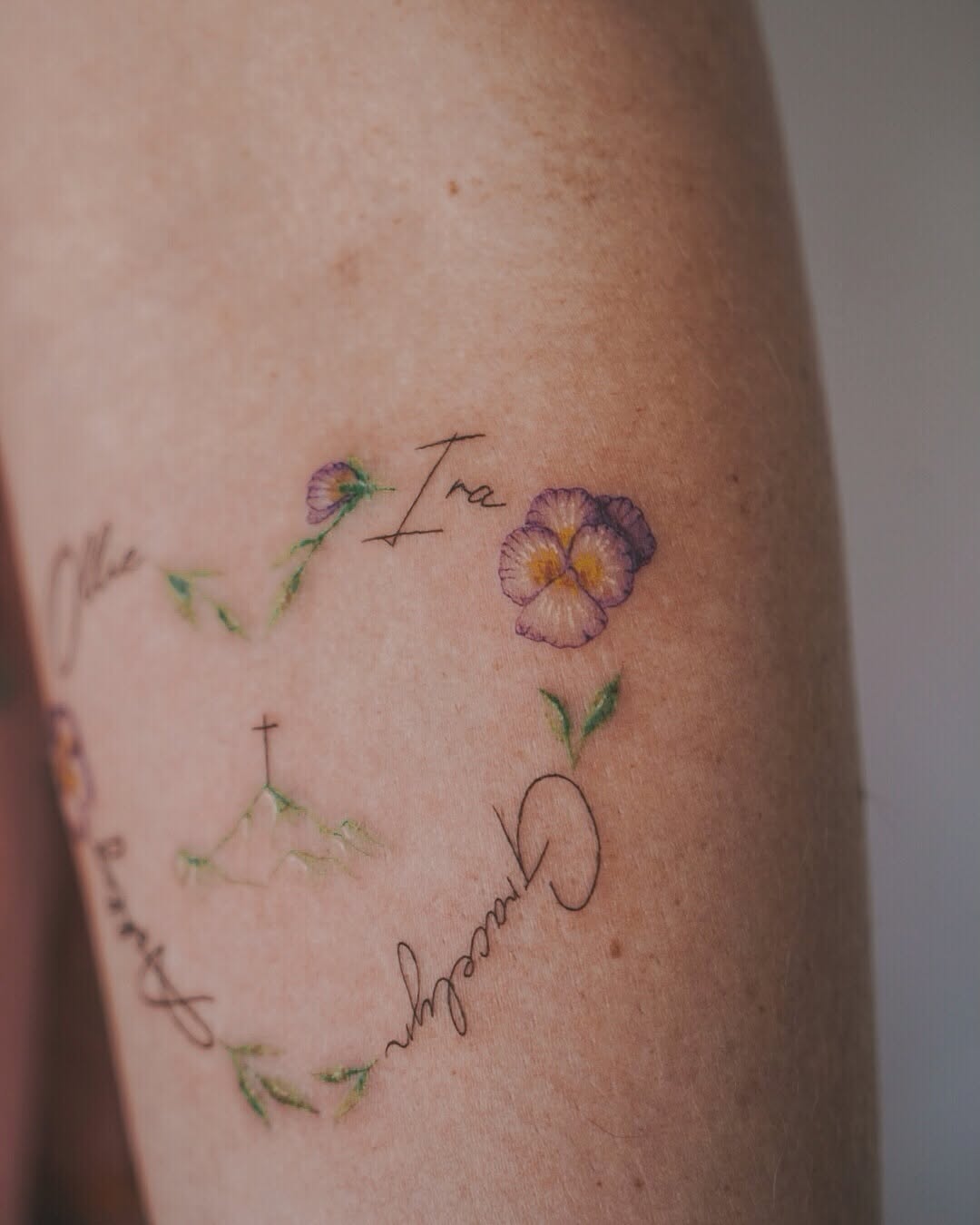 Delicate pansy florals with fine linework and vines