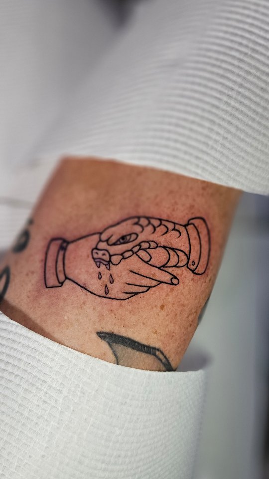 Minimalist linework of a snake cradled by two hands