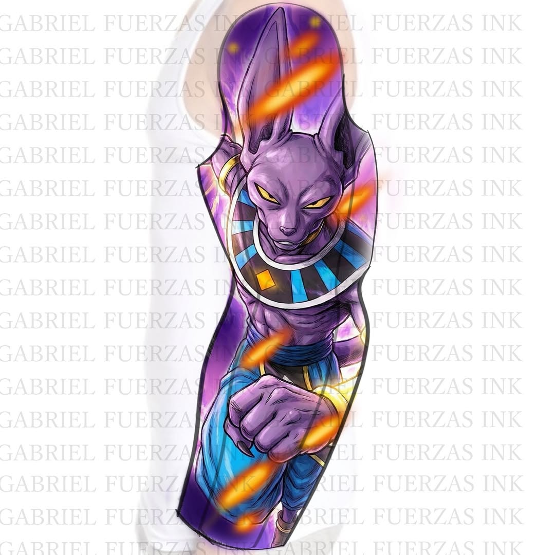Vibrant purple feline warrior sleeve with blazing energy aura
