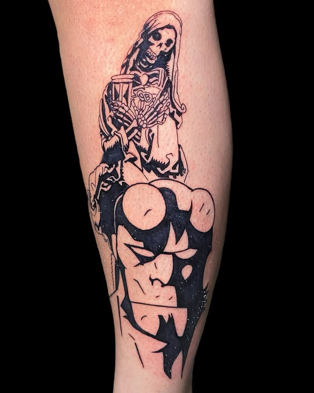 Bold blackline Hellboy-inspired skeletal figure, dramatic stance.