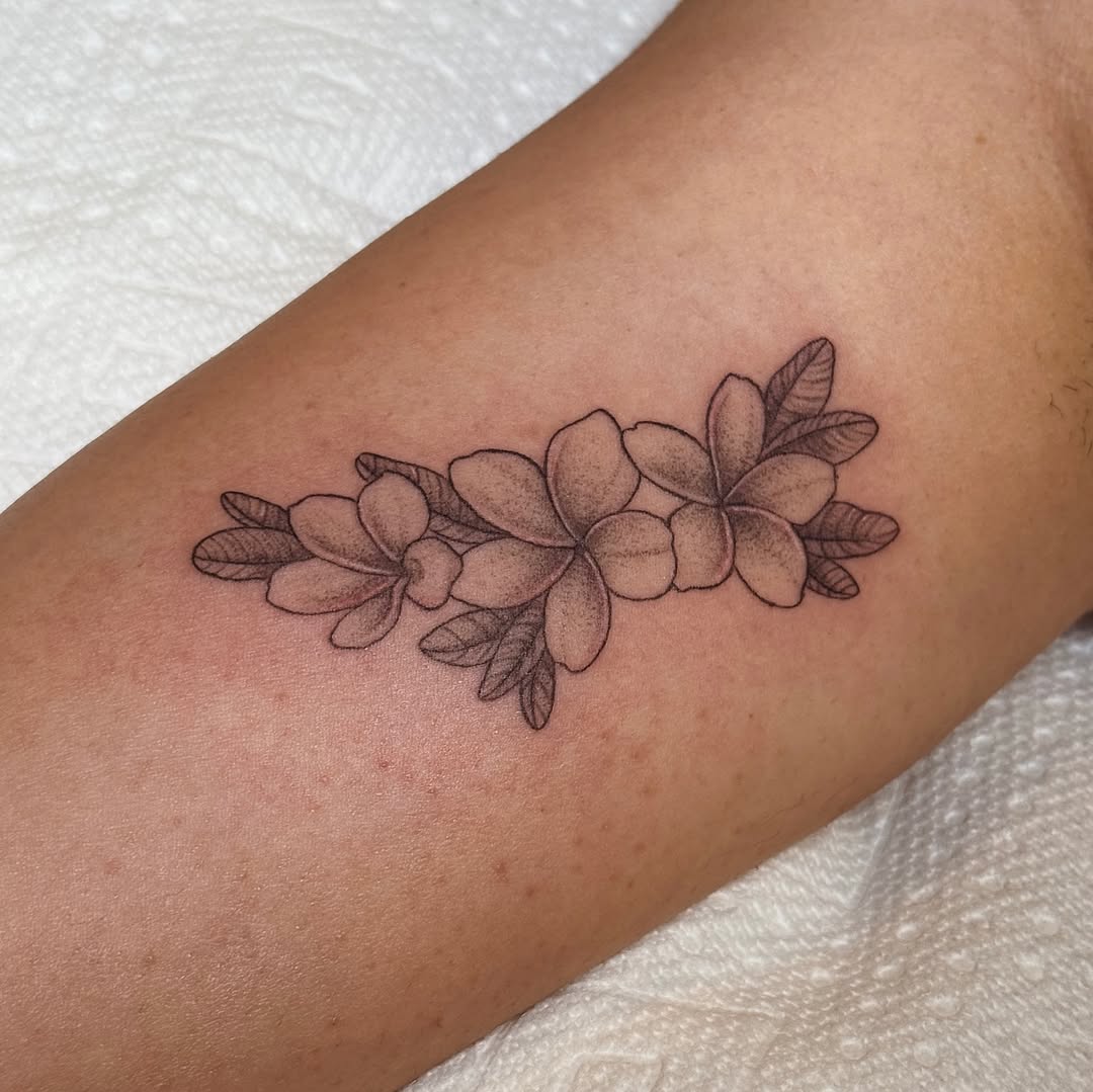 Delicate blackline plumeria bouquet with subtle shading