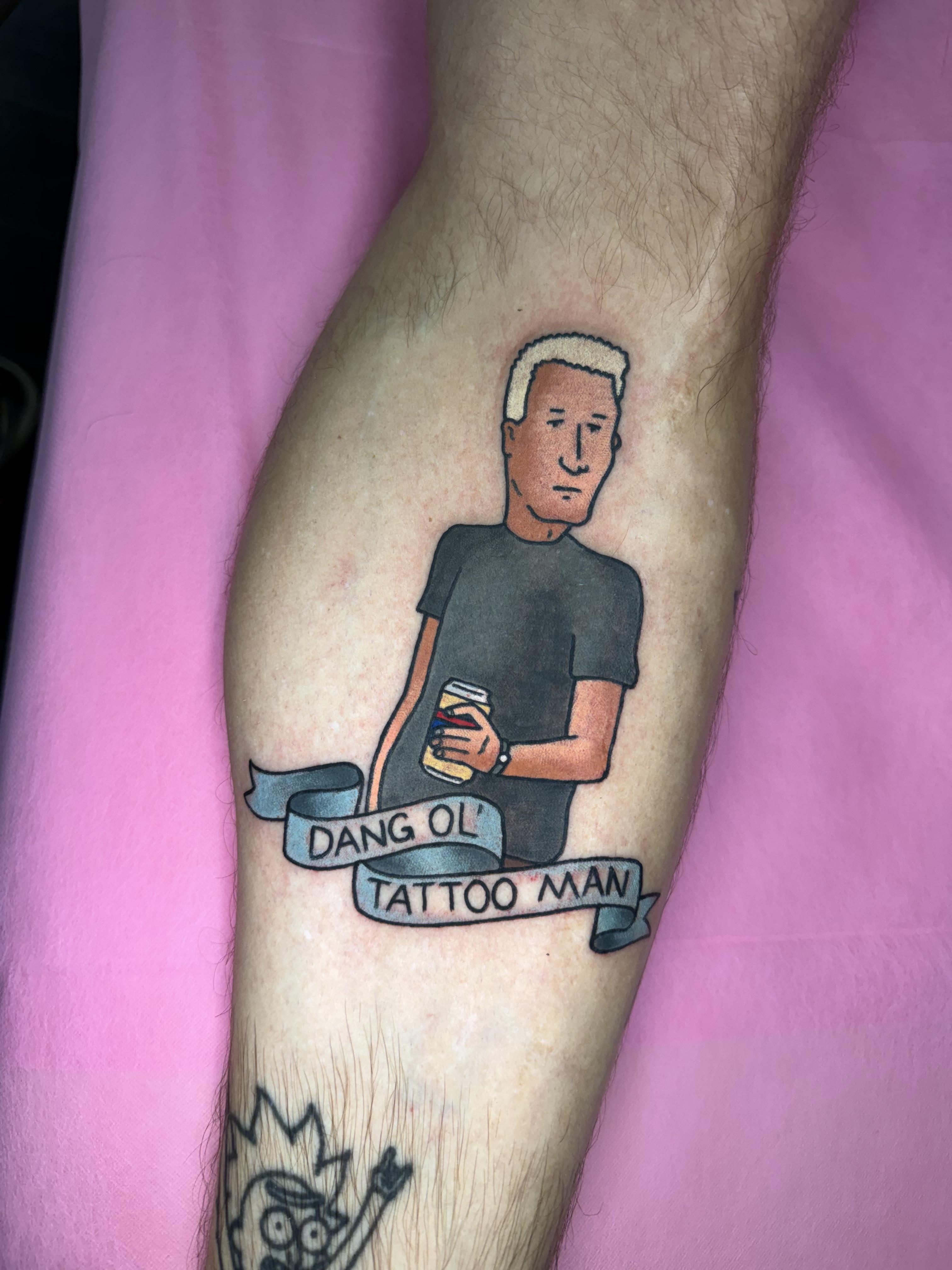 Cartoonish man with beer can and ribbon banner