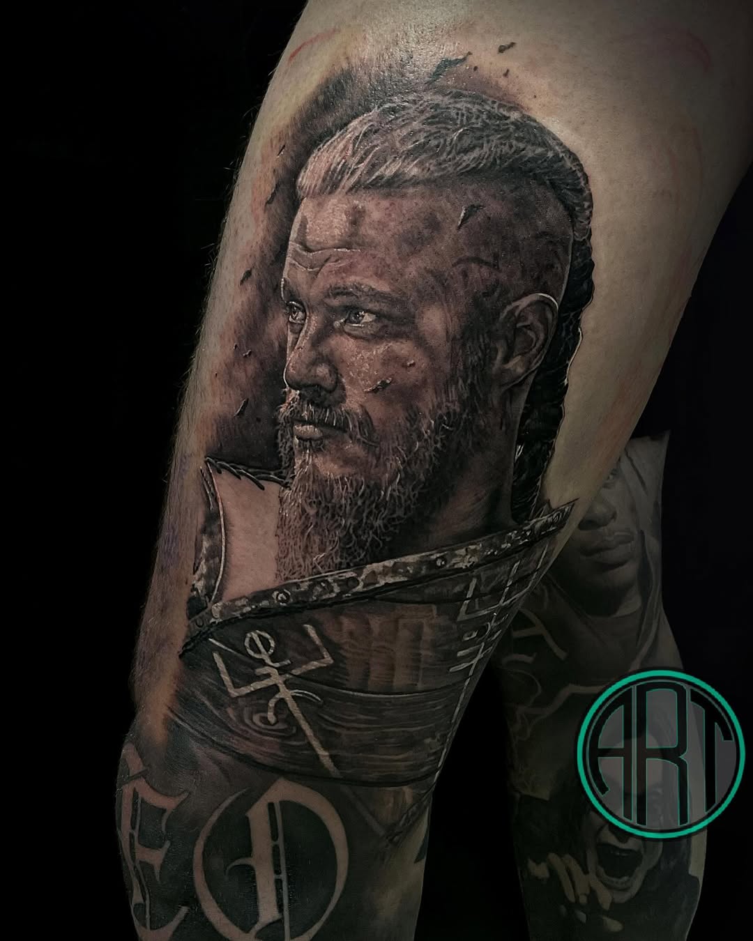 Hyper-realistic Viking Ragnar portrait with rugged beard and scars