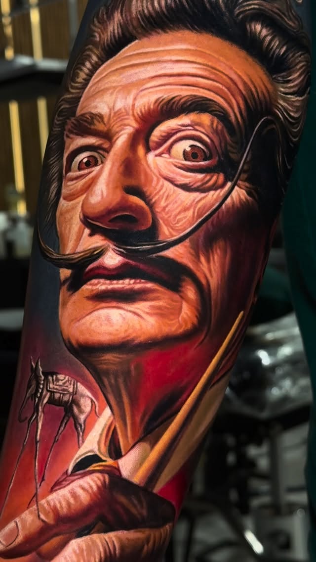 Vivid Dalí-inspired portrait with surreal moustache and color realism