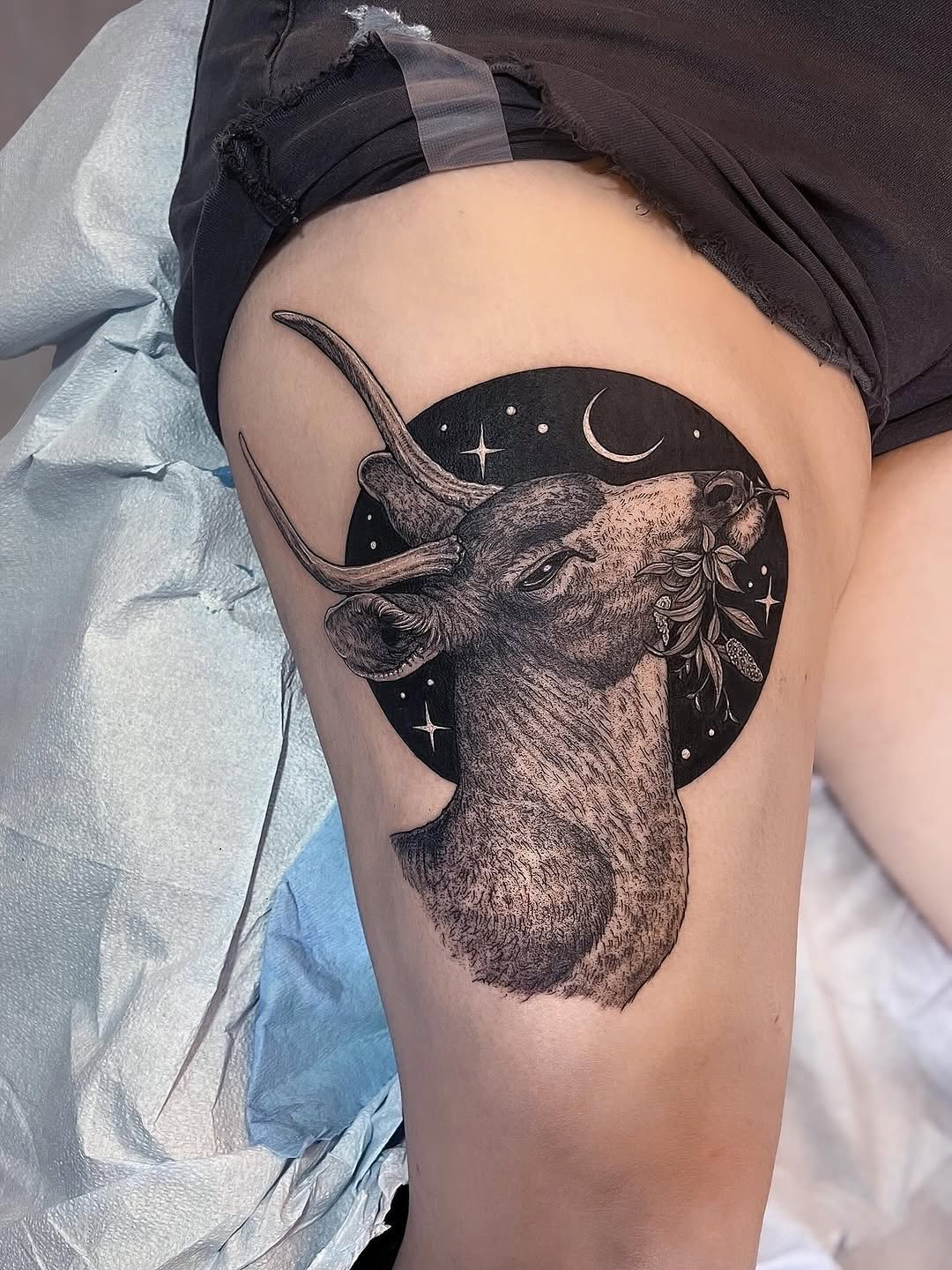 Moon-deer illustration with starry night circle, delicate leaves