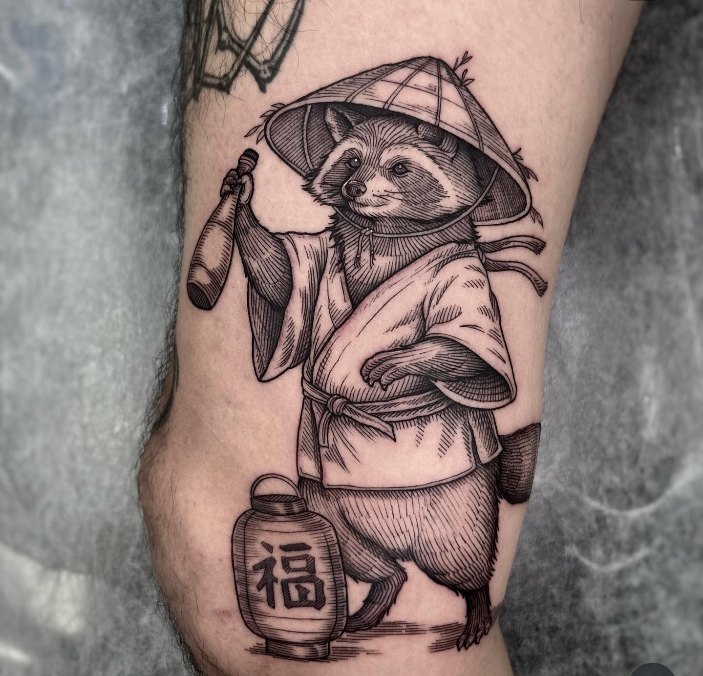 Whimsical tanuki in straw hat holding a bottle