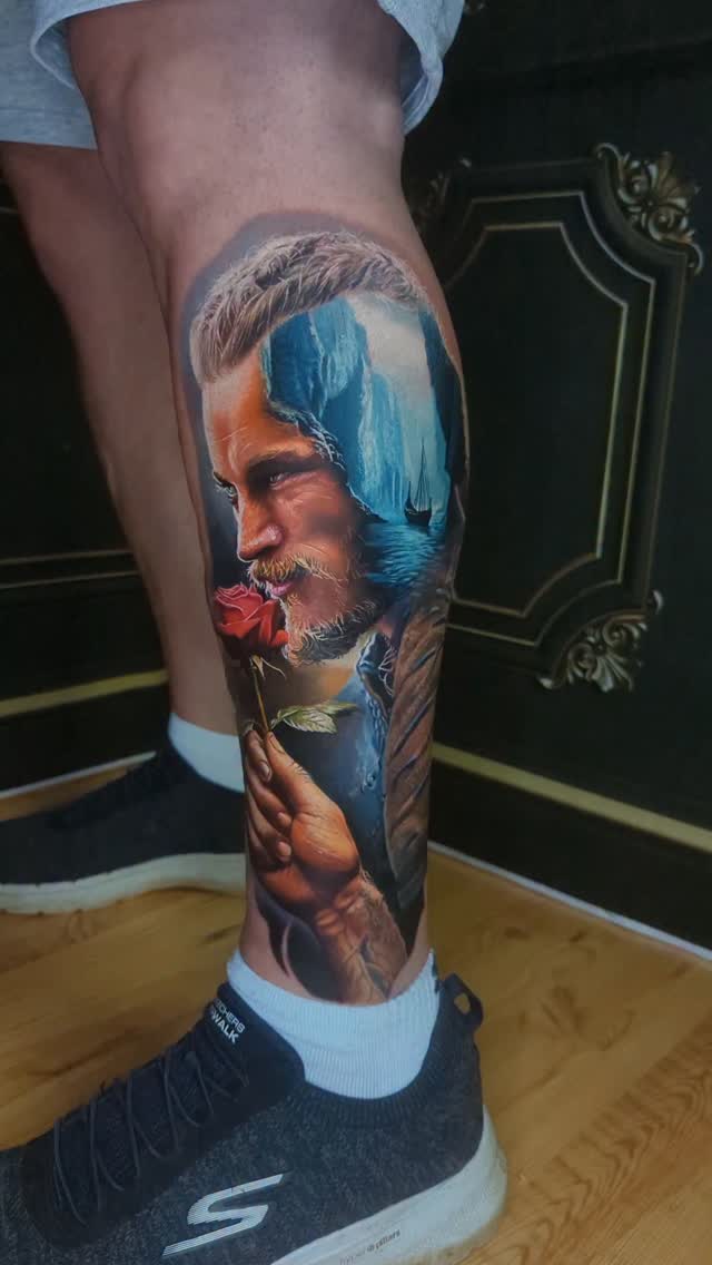 Hyper-realistic male portrait with red rose, blue backdrop
