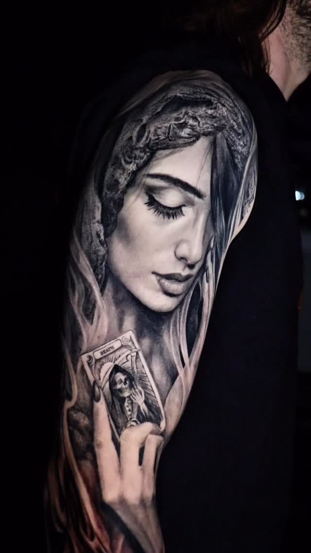 Hyper-detailed grayscale portrait with death-card motif