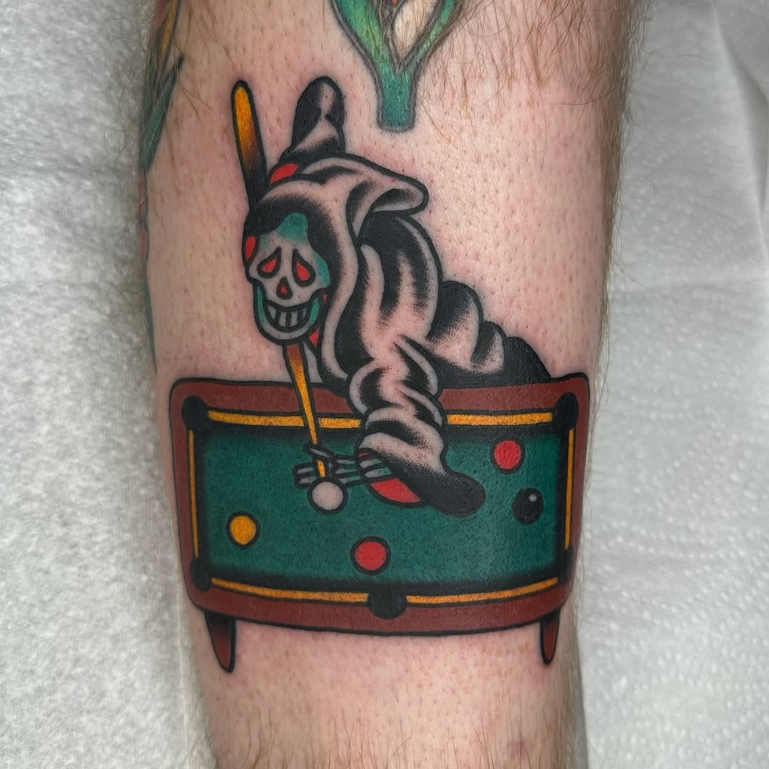 Bold traditional-style grim reaper playing pool