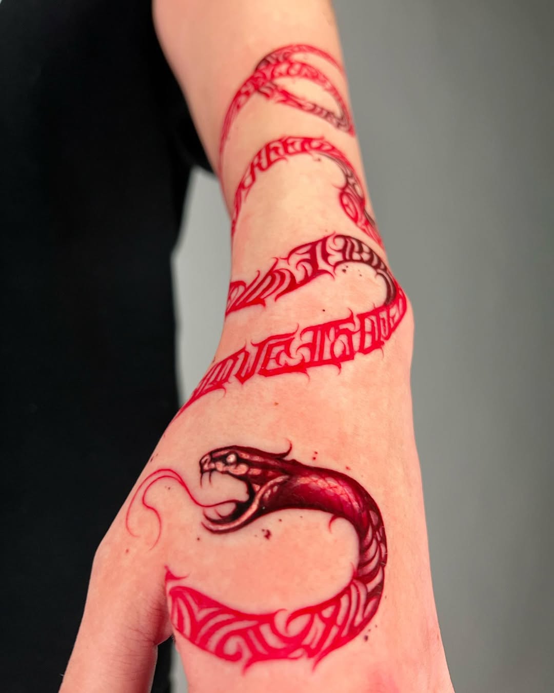 Bold crimson serpent winds around forearm with decorative script