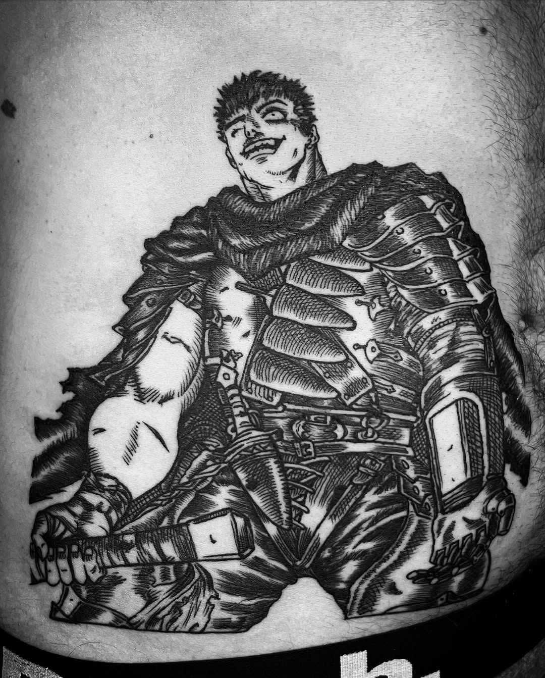 Guts in heavy berserk armor, bold linework silhouette