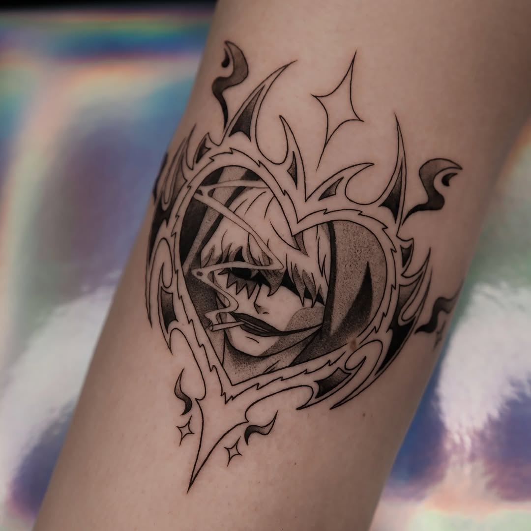 Anime-inspired blackwork sigil framing a masked character.