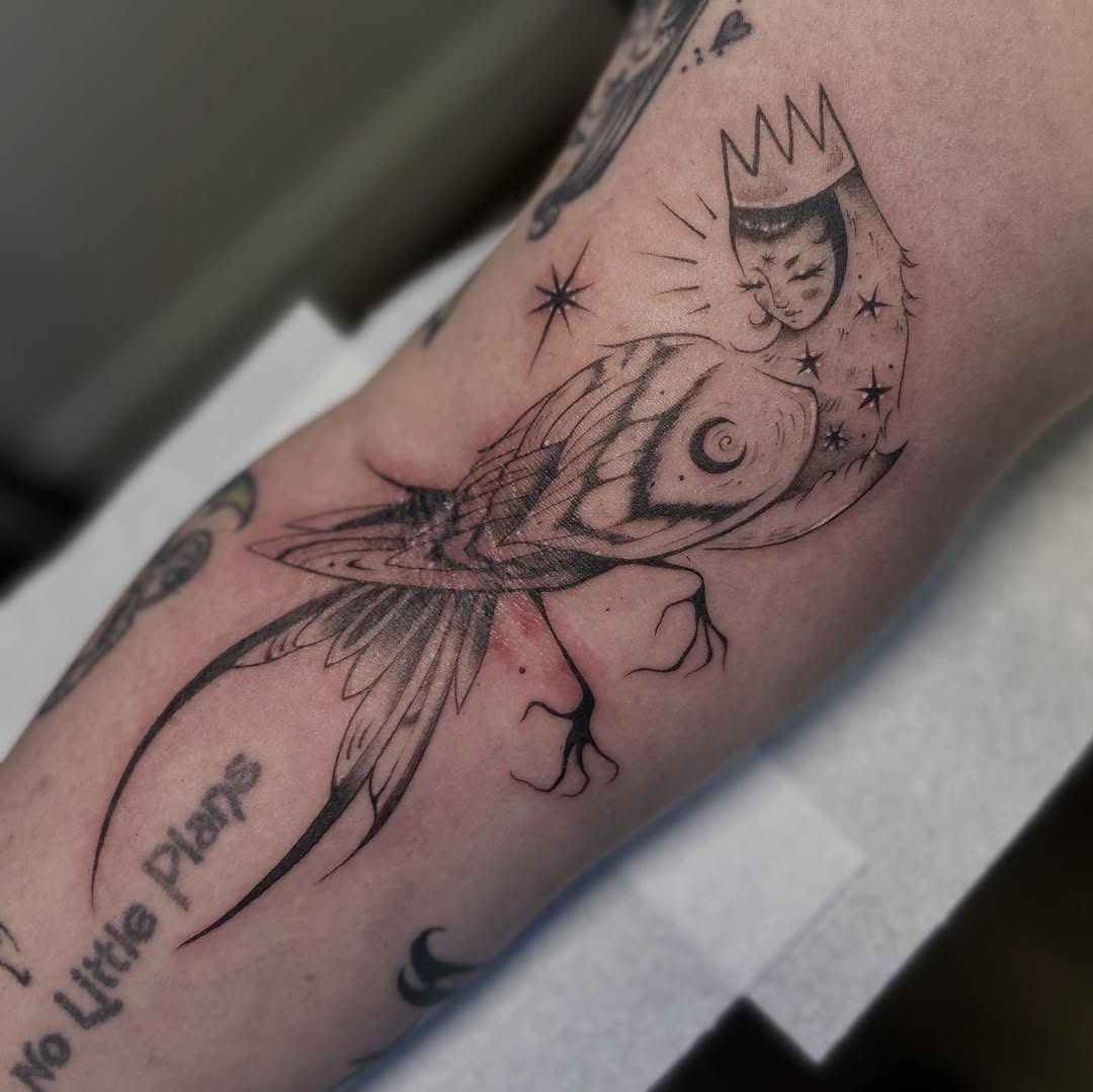 Whimsical blackline bird with crescent moon and crown accents