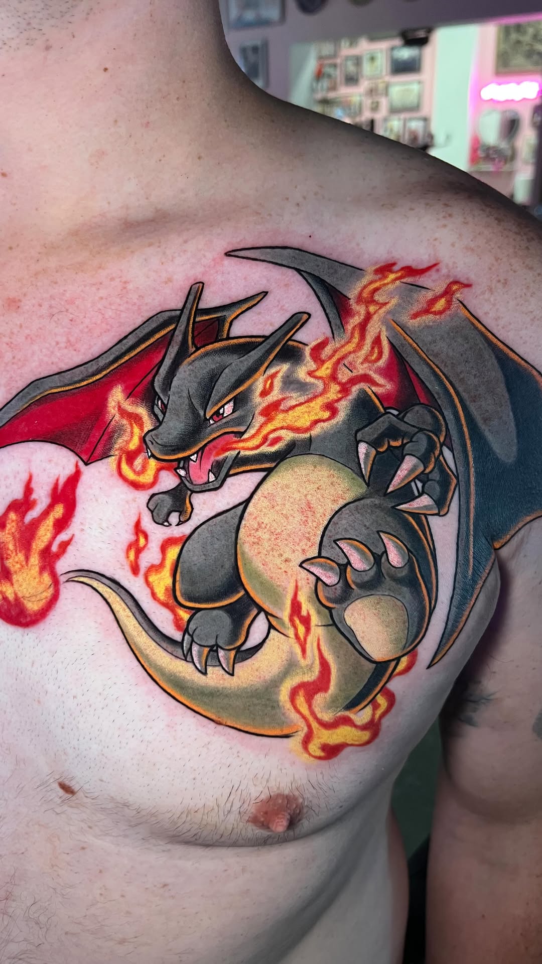 Vibrant Charizard chest piece with bold outlines and flames