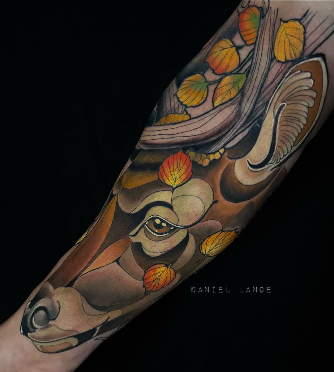 Elk tattoo with autumn leaves