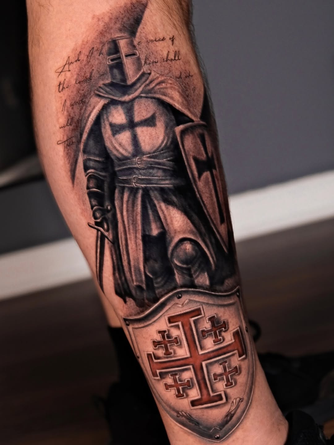 Dramatic black-and-gray Templar knight illustration with shield