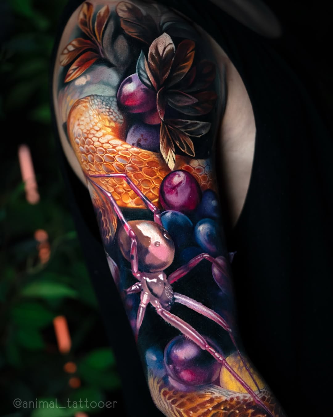 Hyperrealistic full-sleeve with golden snake and fruit cluster