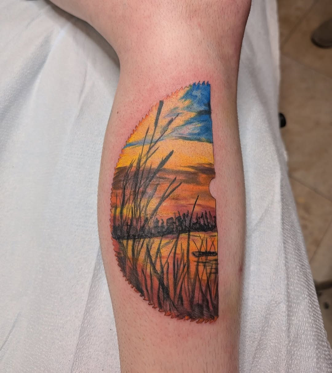 Vibrant sunset marsh through tall reeds, framed like a tear.