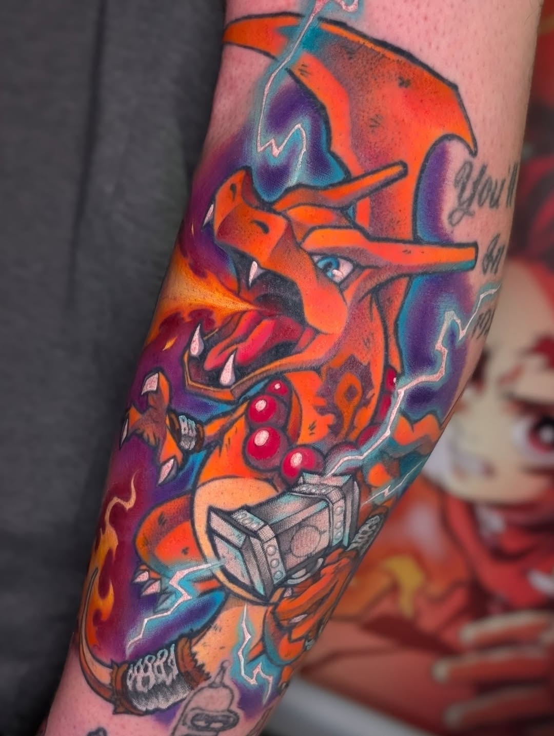 Vibrant dragon-Charizard hybrid with neon flames and bold outlines