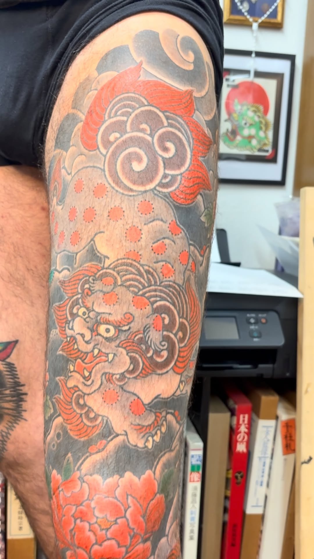 Vibrant Japanese dragon sleeve with clouds and peonies