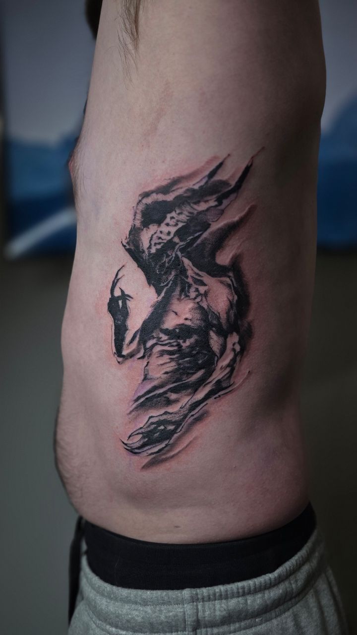 Dark abstract horror silhouette with jagged flowing blackwork