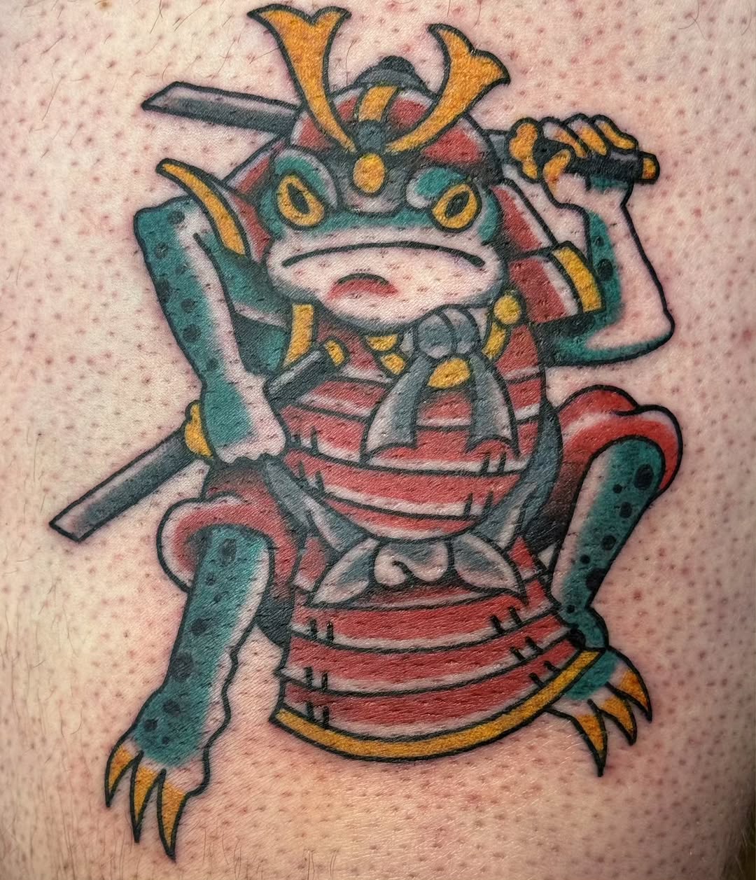 Bold cartoon frog samurai in red armor, thick outlines