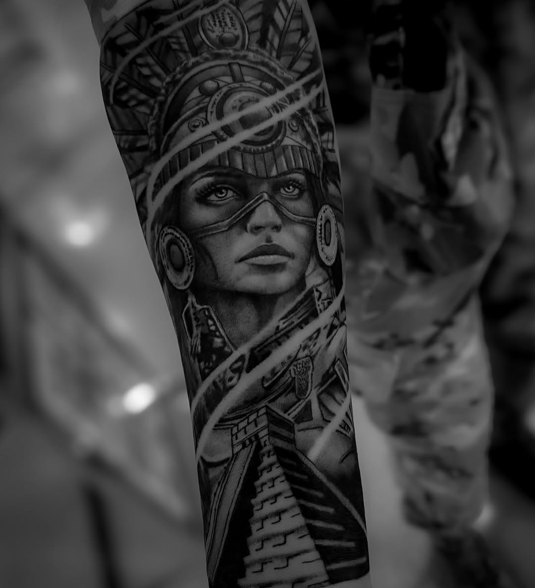 Hyper-detailed black-and-gray portrait of helmeted female warrior