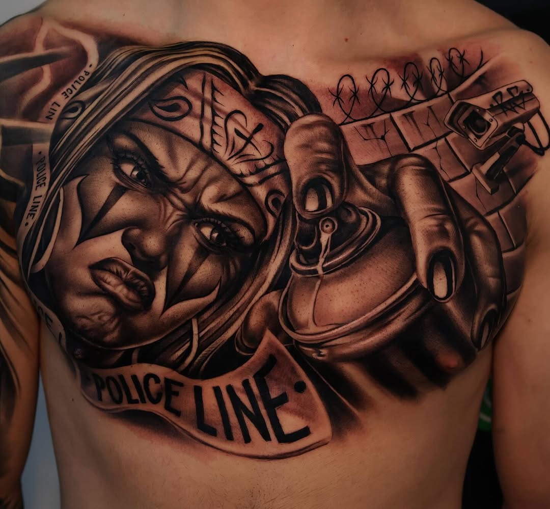 Hyper-detailed black-and-gray portrait with police line banner