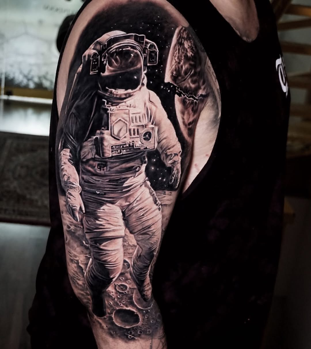 Hyper-detailed black-and-gray astronaut on lunar surface