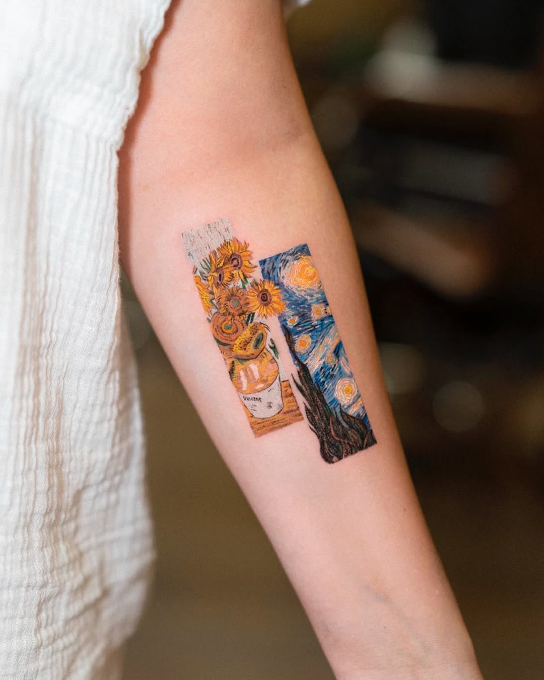 Twin rectangular panels: sunflowers and starry night homage.