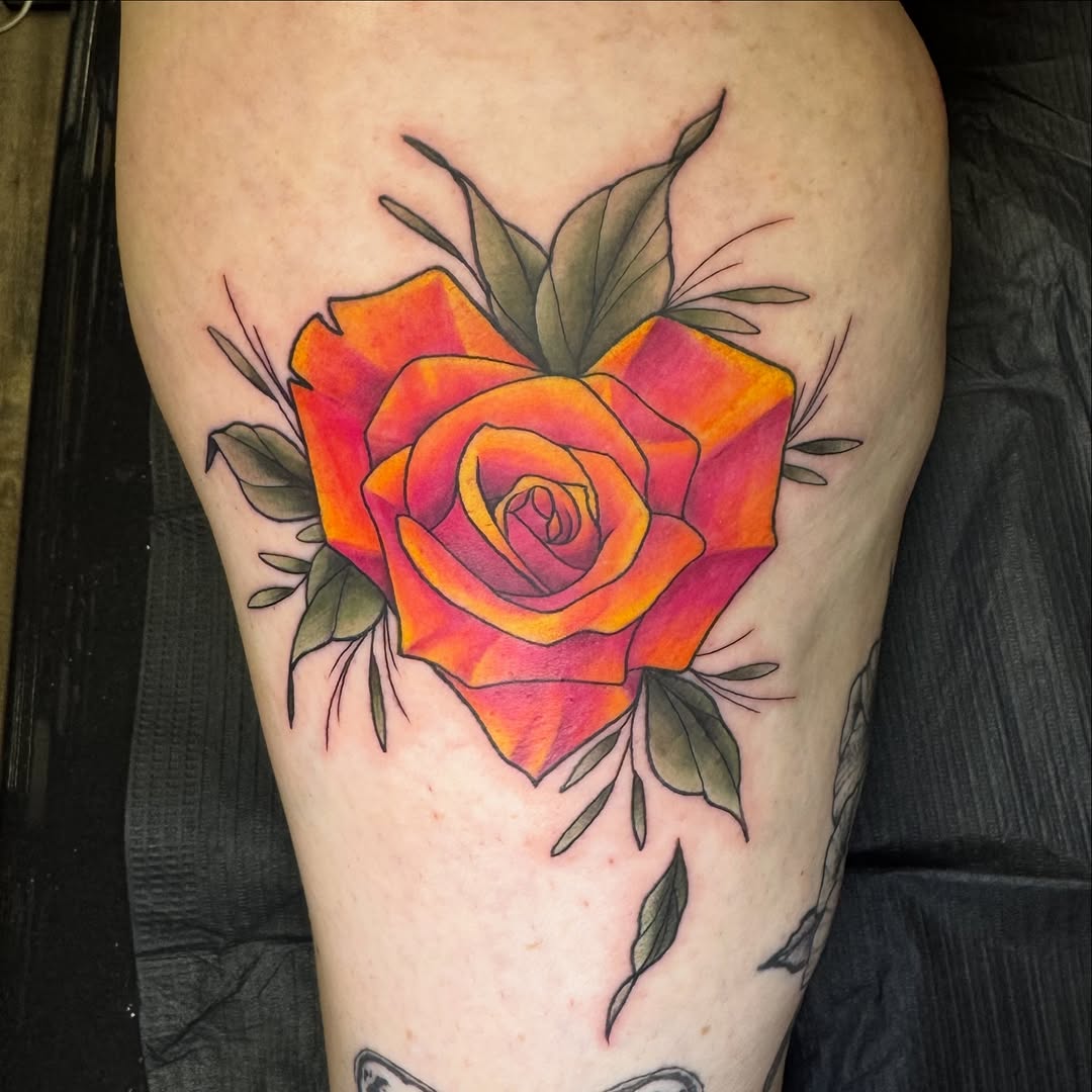 Vibrant neon-orange rose with bold outlines and leaves