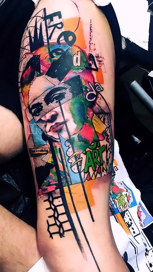 Vibrant abstract collage with bold lines and color blocks