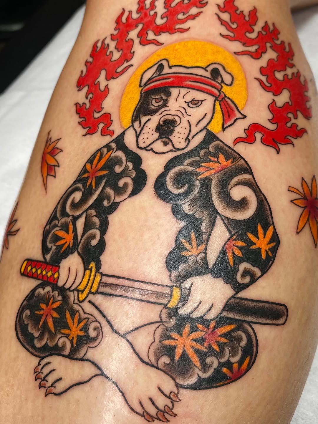 Bold bulldog samurai in a swirling black kimono.