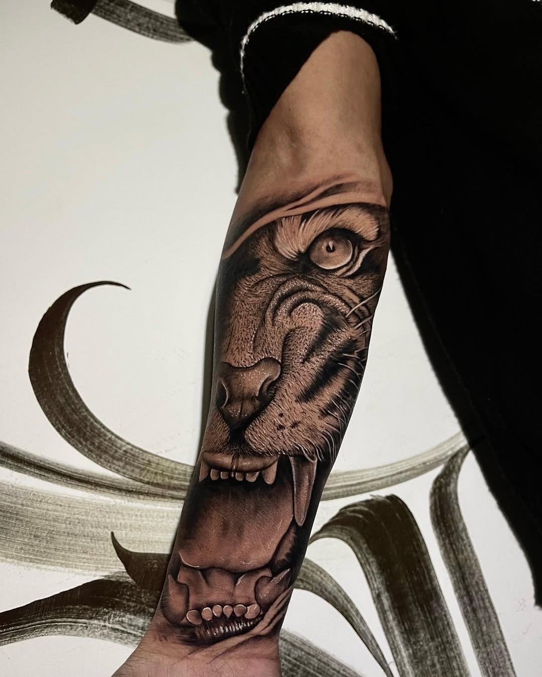 Hyper-detailed black-and-gray tiger head portrait