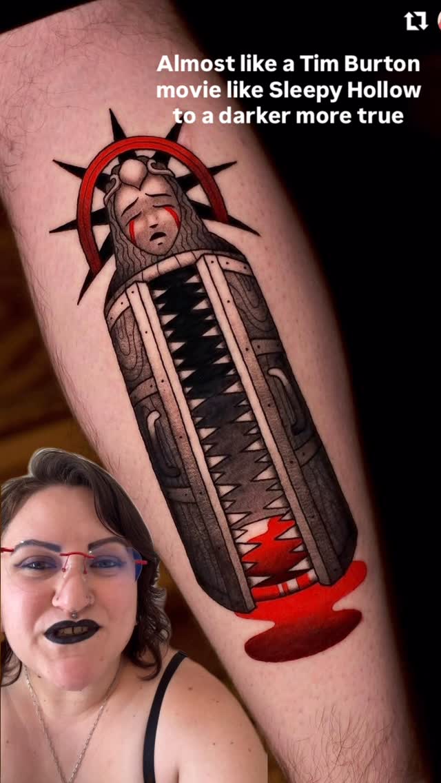 Bold blackwork serrated blade with crimson blood drip