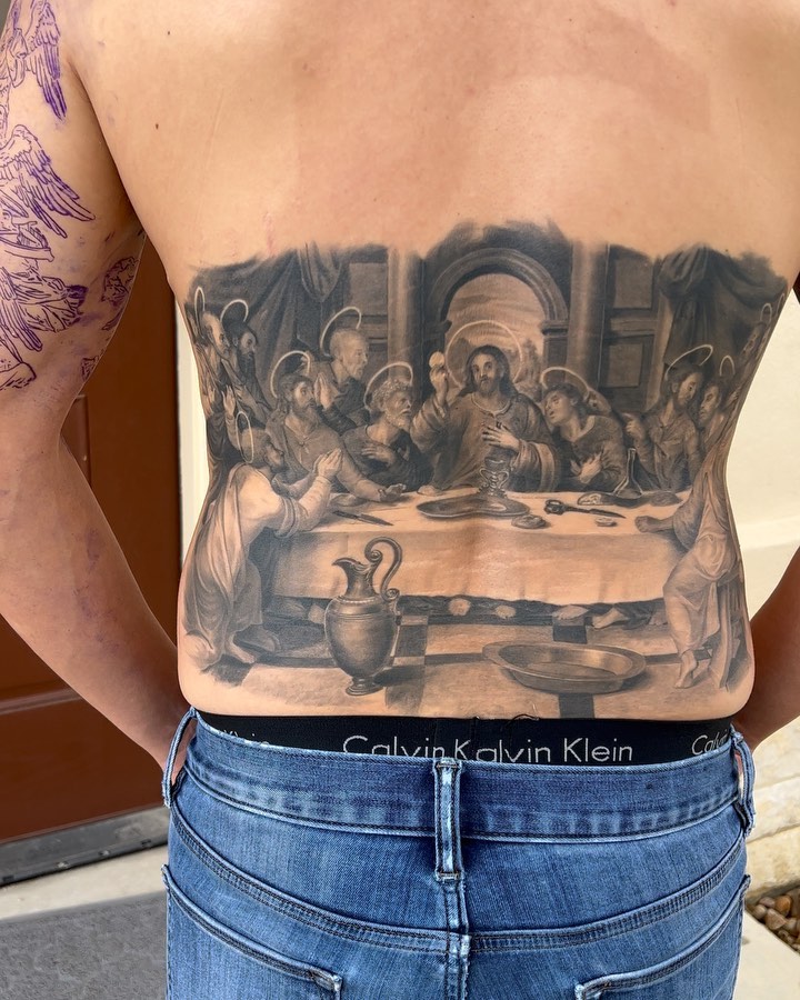Massive grayscale Last Supper back piece