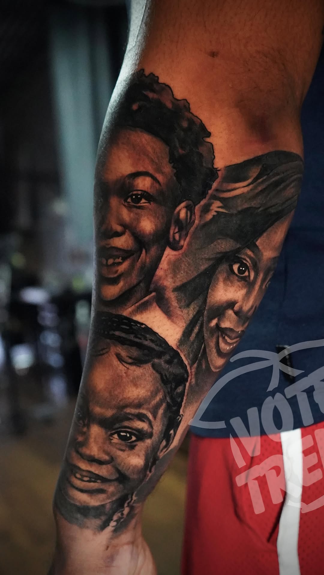 Hyper-realistic grayscale sleeve with five portrait subjects