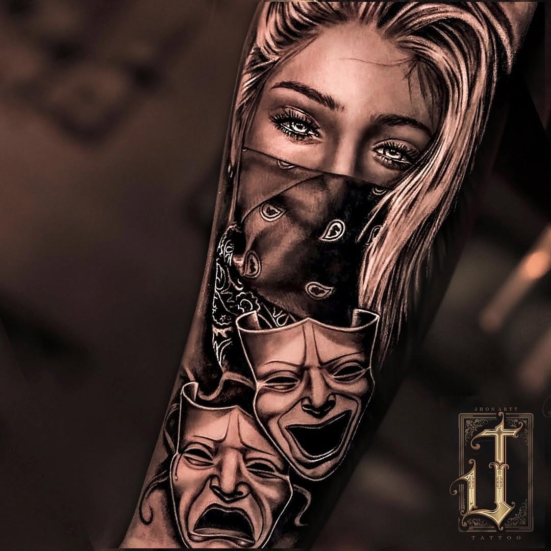 Monochrome realism sleeve with masked woman and theatrical masks